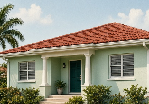 Florida home with clean white gutters and a red tile roof in Volusia County